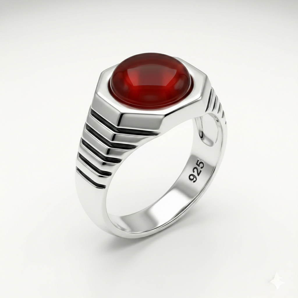 925 Italian Silver Men's Ring with Red Agate in Hexagonal Geometric Setting