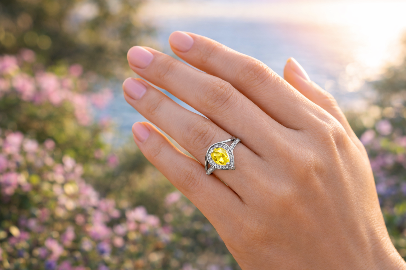925 Italian Silver Yellow Pear-Cut Ring with Zircon Accents - Size 7.5