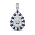 A teardrop-shaped pendant featuring a central white iridescent stone with a silver script engraving, surrounded by a halo of round and baguette-cut deep blue sapphires and clear stones, set in a polished silver-tone metal on a white background.
