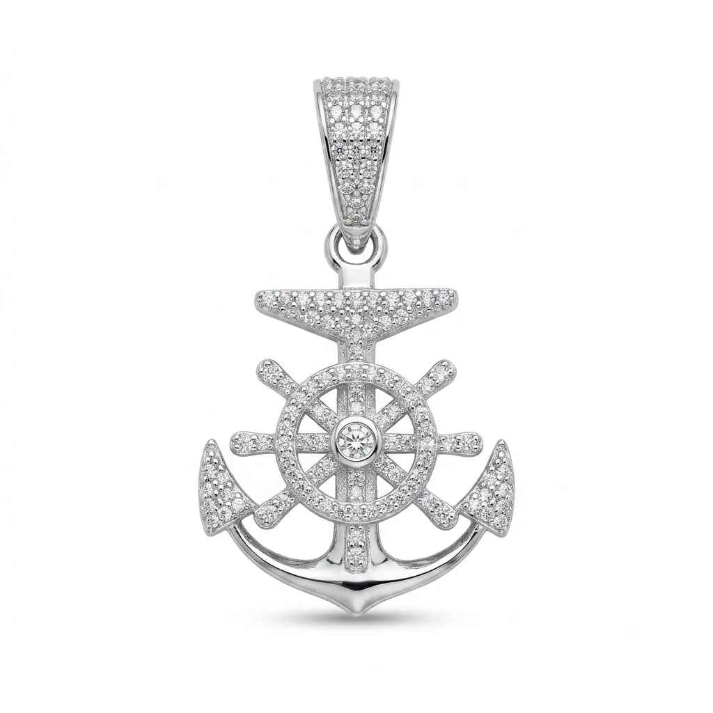 Ancre Royale Anchor and Ship’s Wheel Pendant in 925 Italian Silver with Full White Zirconia Pavé and Bezel Solitaire — Fine Silver KSA — FS-PND-ANC-001