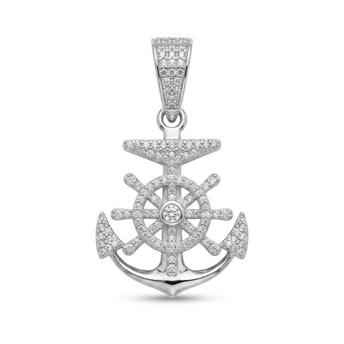 Ancre Royale Anchor and Ship’s Wheel Pendant in 925 Italian Silver with Full White Zirconia Pavé and Bezel Solitaire — Fine Silver KSA — FS-PND-ANC-001