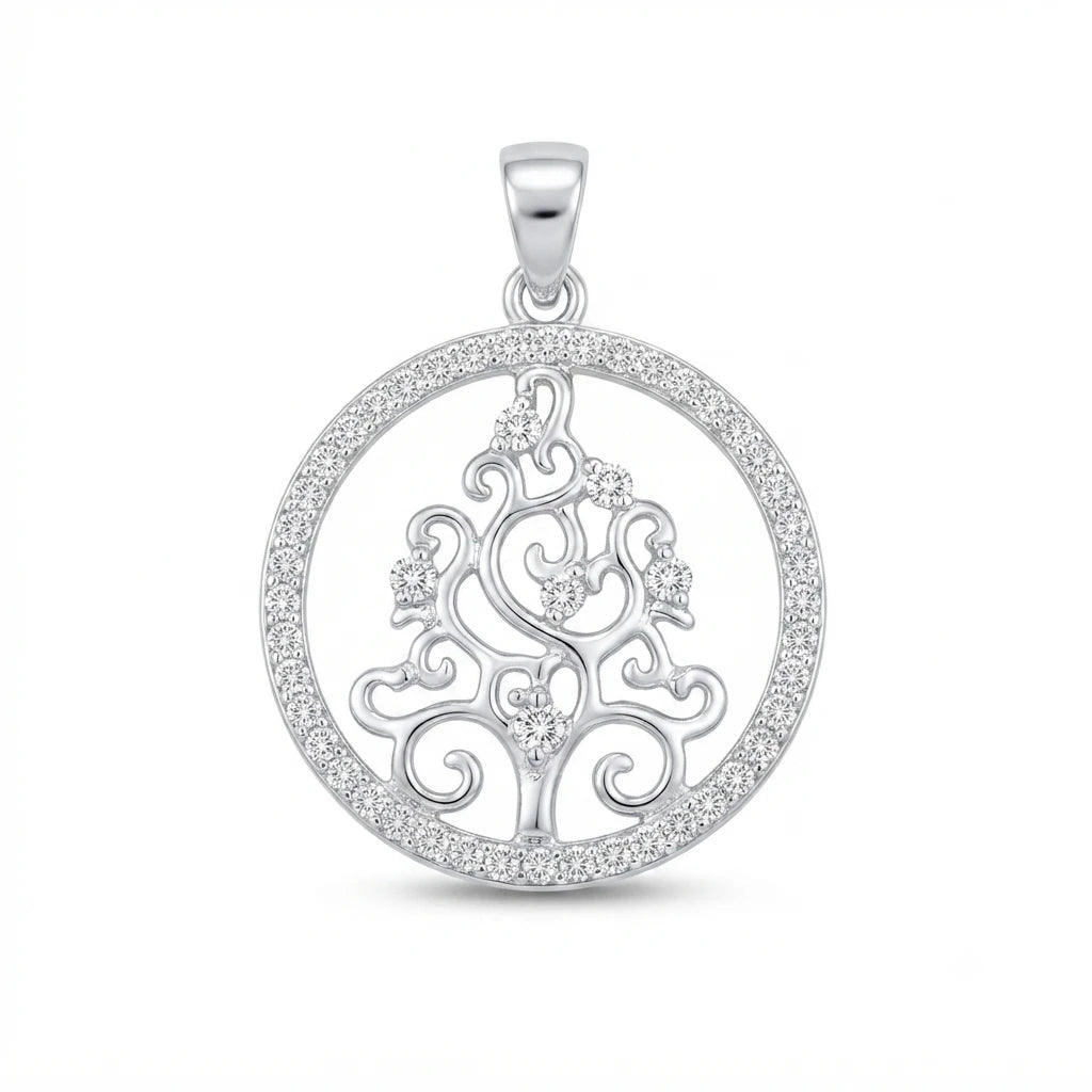 Arbre Lumière Filigree Tree of Life Pendant in 925 Italian Silver with White Zirconia Pavé Halo and Prong-Set Branch Tips — Fine Silver KSA — FS-PND-TRE-002