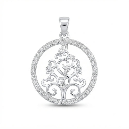 Arbre Lumière Filigree Tree of Life Pendant in 925 Italian Silver with White Zirconia Pavé Halo and Prong-Set Branch Tips — Fine Silver KSA — FS-PND-TRE-002
