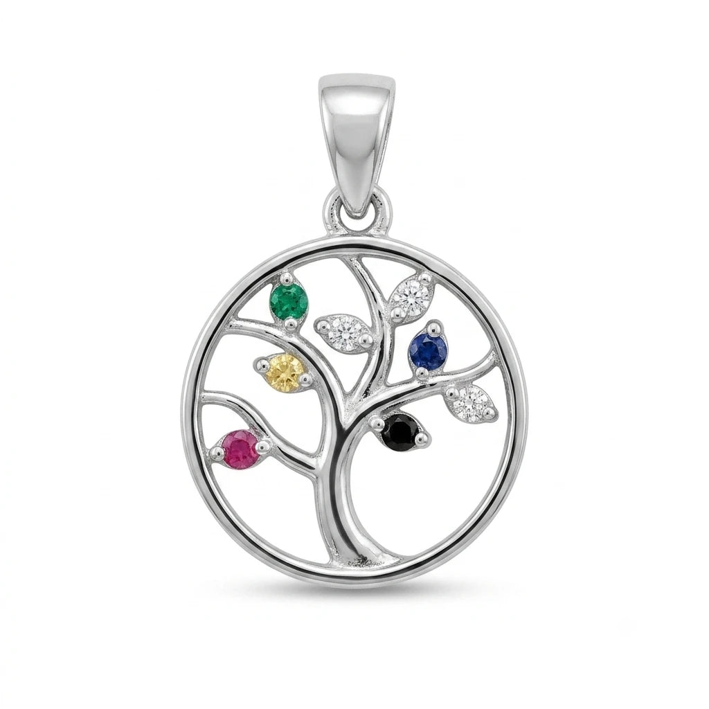 Arbre de Vie Tree of Life Pendant in 925 Italian Silver with Emerald Sapphire Ruby Yellow Black and White Zirconia Leaf Stones — Fine Silver KSA — FS-PND-TRE-001