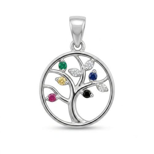 Arbre de Vie Tree of Life Pendant in 925 Italian Silver with Emerald Sapphire Ruby Yellow Black and White Zirconia Leaf Stones — Fine Silver KSA — FS-PND-TRE-001