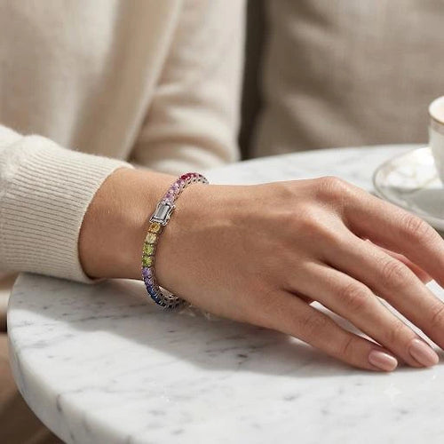 925 Italian sterling silver rainbow CZ tennis bracelet worn on wrist, lifestyle shot, Fine Silver KSA