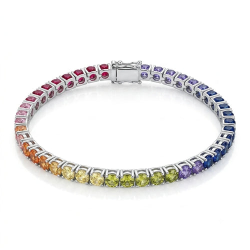 925 Italian sterling silver rainbow multicolour CZ tennis bracelet on white background, Fine Silver KSA