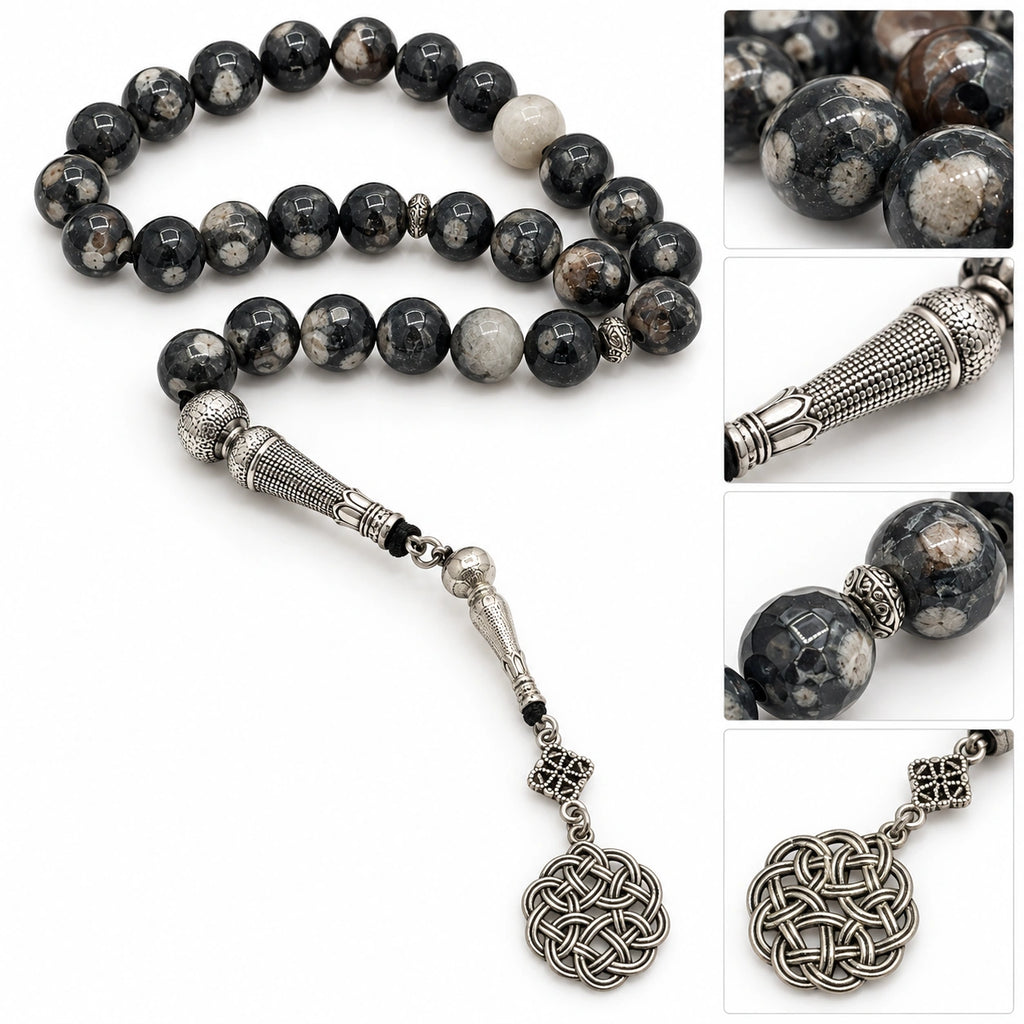 Detail collage of Black Agate tasbih beads, textured silver-tone imame, spacers and circular knot ornament.