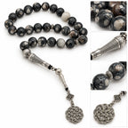 Detail collage of Black Agate tasbih beads, textured silver-tone imame, spacers and circular knot ornament.