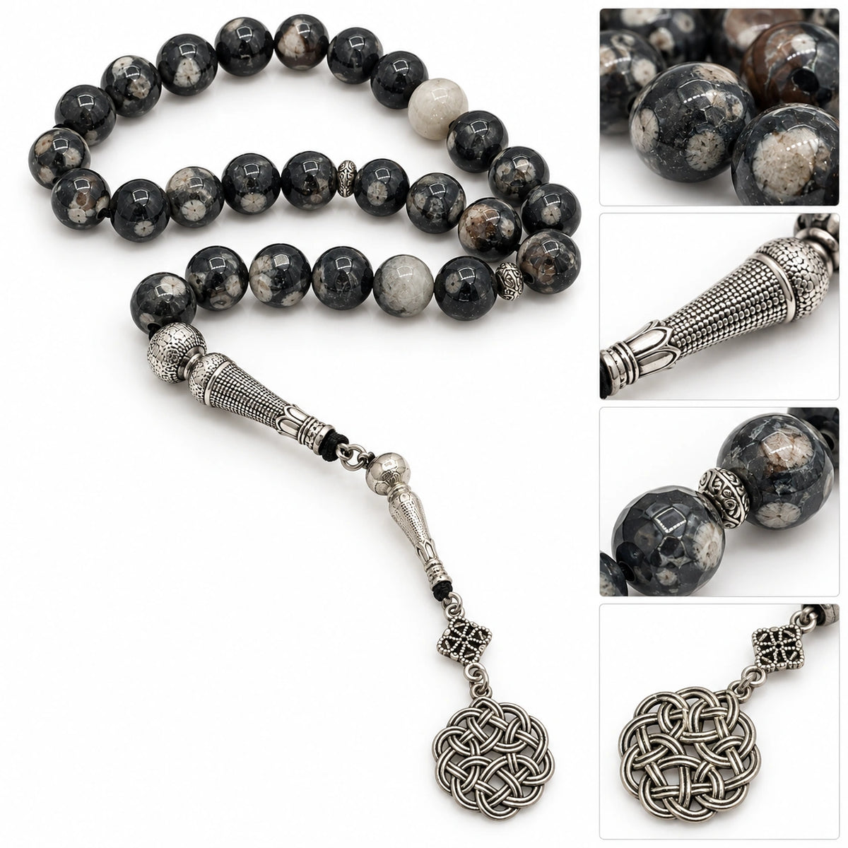 Detail collage of Black Agate tasbih beads, textured silver-tone imame, spacers and circular knot ornament.
