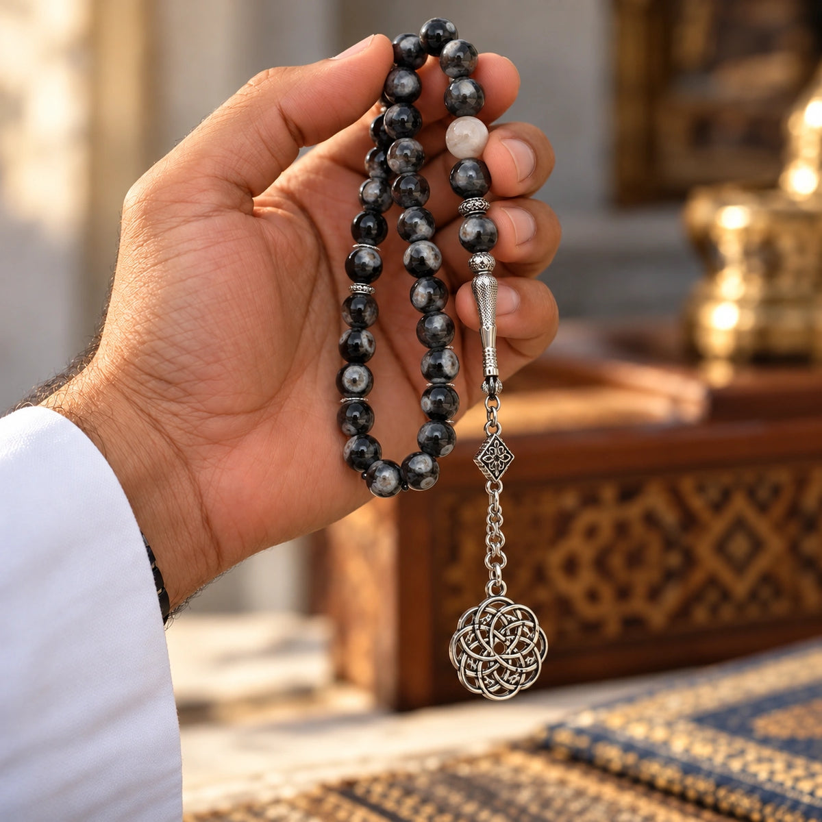 Hand holding Black Agate tasbih with mottled black beads and a silver-tone circular knot ornament.