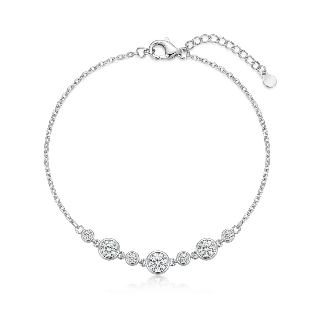 925 Italian sterling silver cable chain anklet with seven graduated bezel-set round cubic zirconia stones, Fine Silver