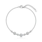925 Italian sterling silver cable chain anklet with seven graduated bezel-set round cubic zirconia stones, Fine Silver