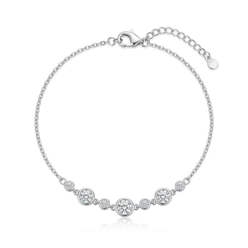 925 Italian sterling silver cable chain anklet with seven graduated bezel-set round cubic zirconia stones, Fine Silver
