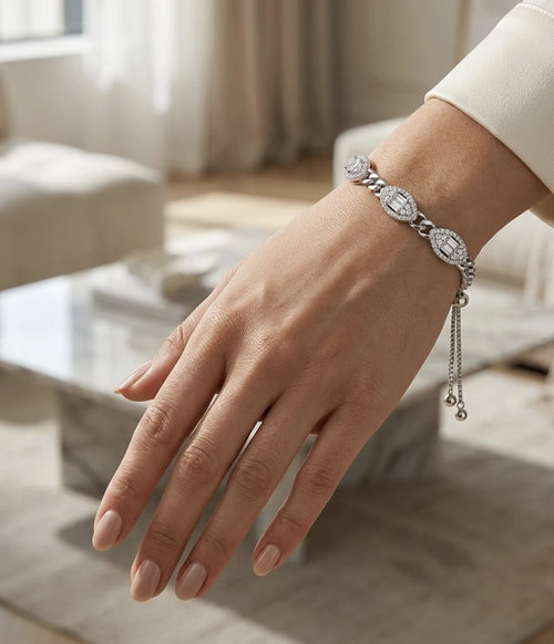 925 Italian sterling silver Cuban chain oval halo CZ slider bracelet worn on wrist, lifestyle shot, Fine Silver KSA