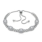 925 Italian sterling silver Cuban chain oval halo baguette CZ slider bracelet on white background, Fine Silver KSA