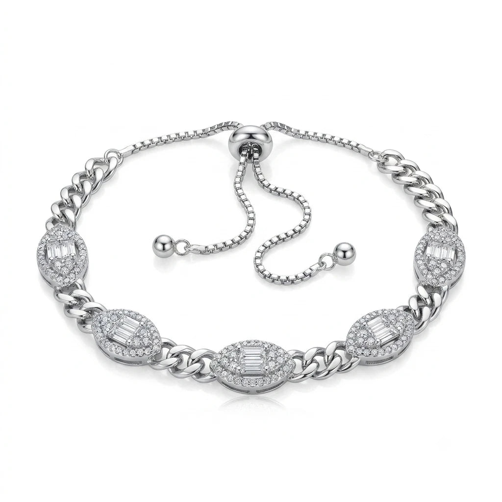 925 Italian sterling silver Cuban chain oval halo baguette CZ slider bracelet on white background, Fine Silver KSA