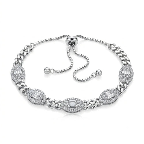 925 Italian sterling silver Cuban chain oval halo baguette CZ slider bracelet on white background, Fine Silver KSA
