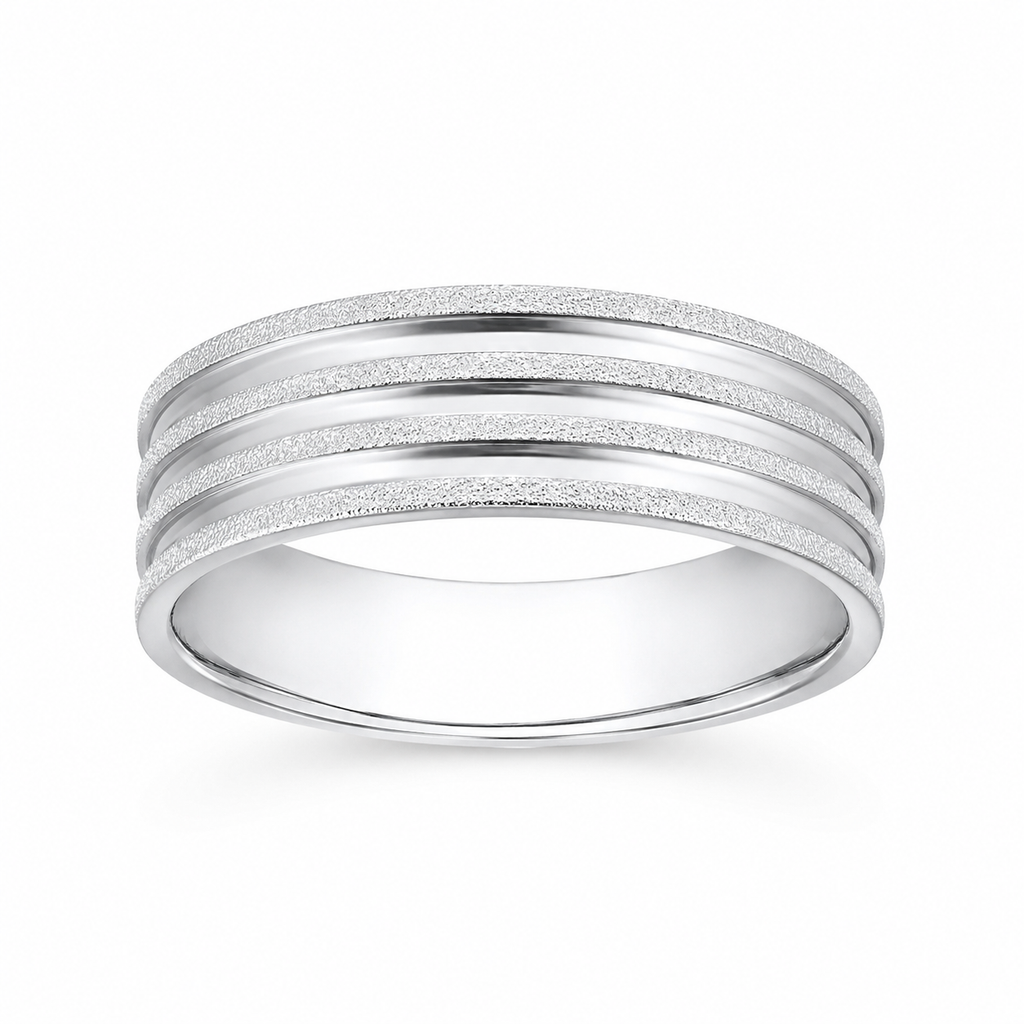 Silver ring with three horizontal bands on a white background