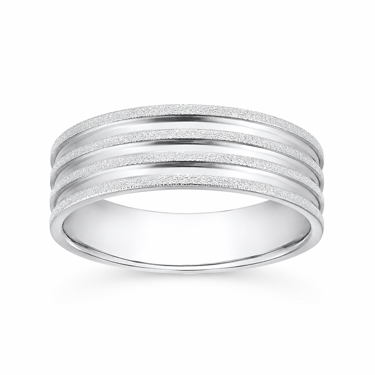 Silver ring with three horizontal bands on a white background