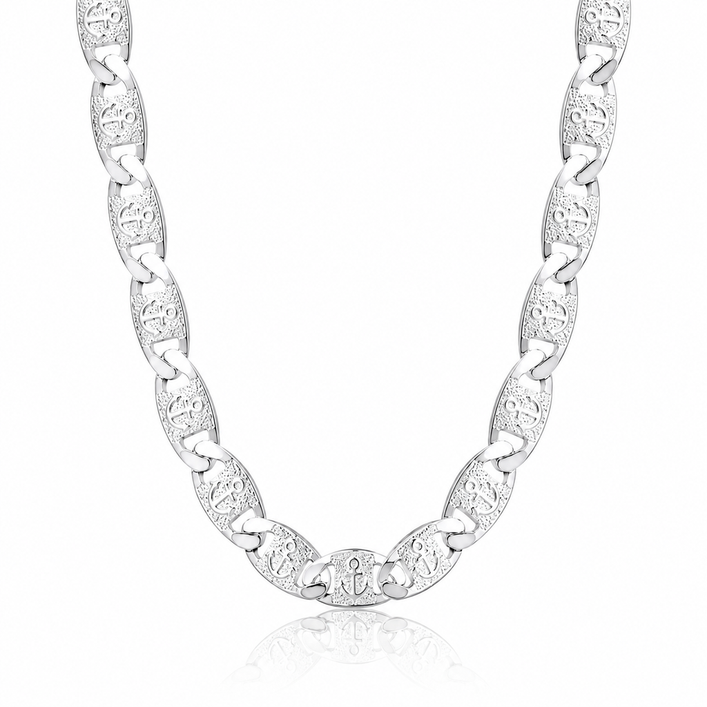 Silver chain necklace on a white background