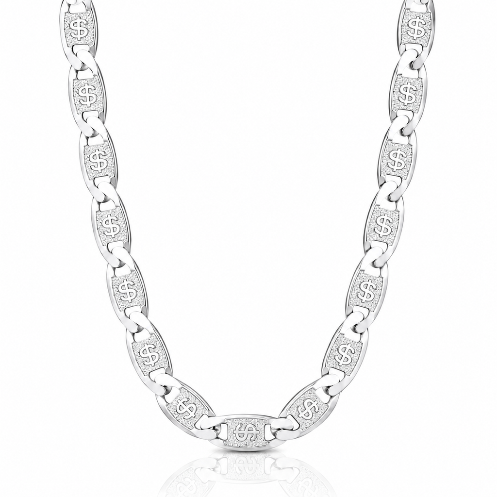 Silver chain necklace on a white background