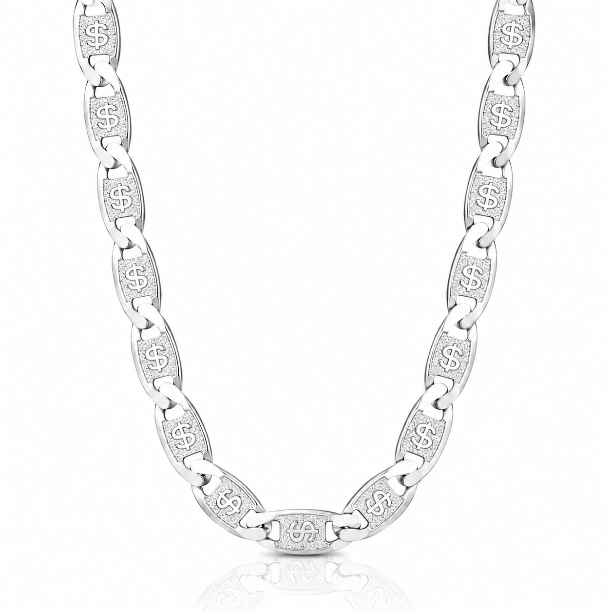 Silver chain necklace on a white background