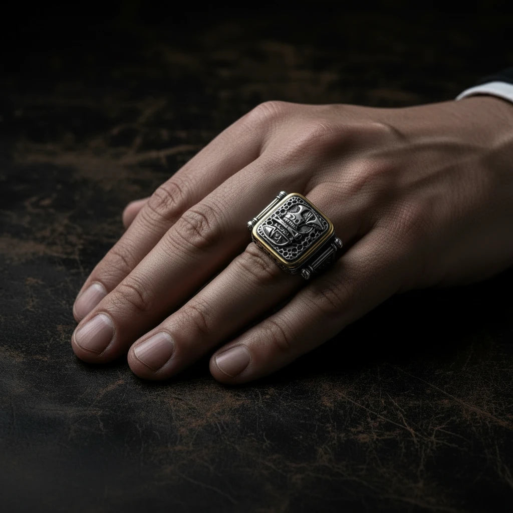 A close-up of a hand wearing a large square signet ring with an engraved crest on a dark textured surface.