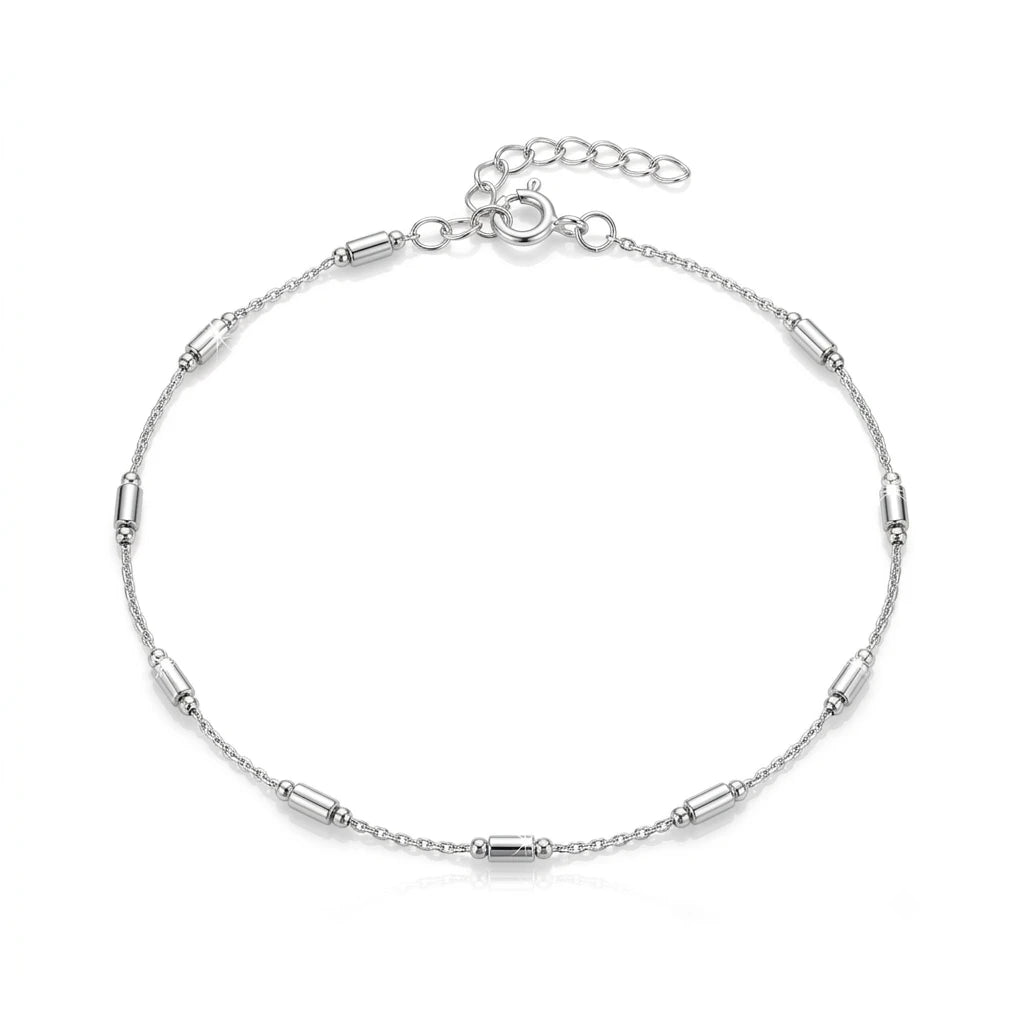 925 Italian sterling silver dainty twisted rope chain anklet with polished tube beads and spring ring clasp, Fine Silver