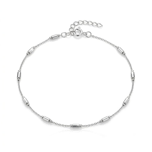 925 Italian sterling silver dainty twisted rope chain anklet with polished tube beads and spring ring clasp, Fine Silver