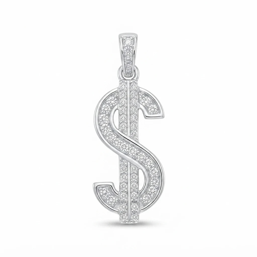 Signe Fortune Dollar Sign Pendant in 925 Italian Silver with Full White Round Zirconia Pavé and High-Polish Silver Frame — Fine Silver KSA — FS-PND-SGN-001