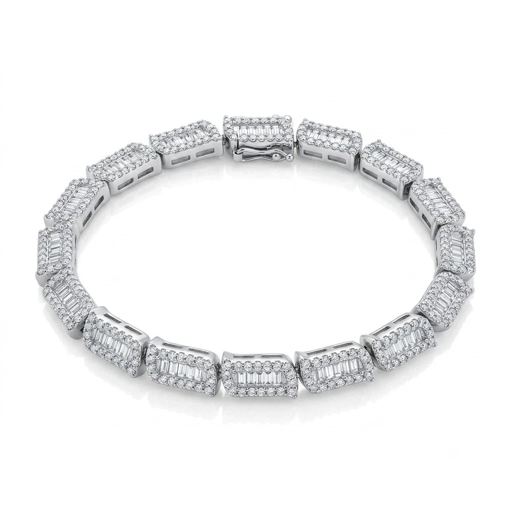 925 Italian sterling silver baguette pavé CZ bracelet on white background, rhodium plated, Fine Silver KSA