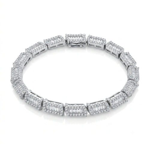 925 Italian sterling silver baguette pavé CZ bracelet on white background, rhodium plated, Fine Silver KSA