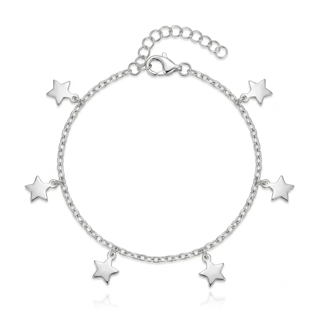 925 Italian sterling silver cable chain anklet with seven dangling flat mirror-polished star charms, Fine Silver