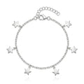 925 Italian sterling silver cable chain anklet with seven dangling flat mirror-polished star charms, Fine Silver