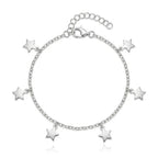 925 Italian sterling silver cable chain anklet with seven dangling flat mirror-polished star charms, Fine Silver