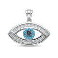 Silver evil eye pendant featuring a central blue gemstone surrounded by a ring of bright turquoise and small clear stones, set against a plain white background.