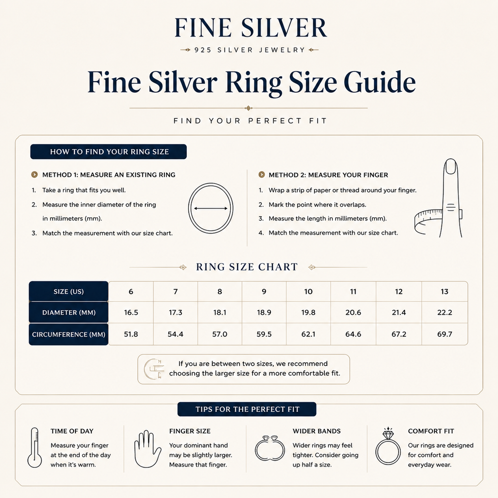 Fine Silver ring size guide with measurement methods and chart