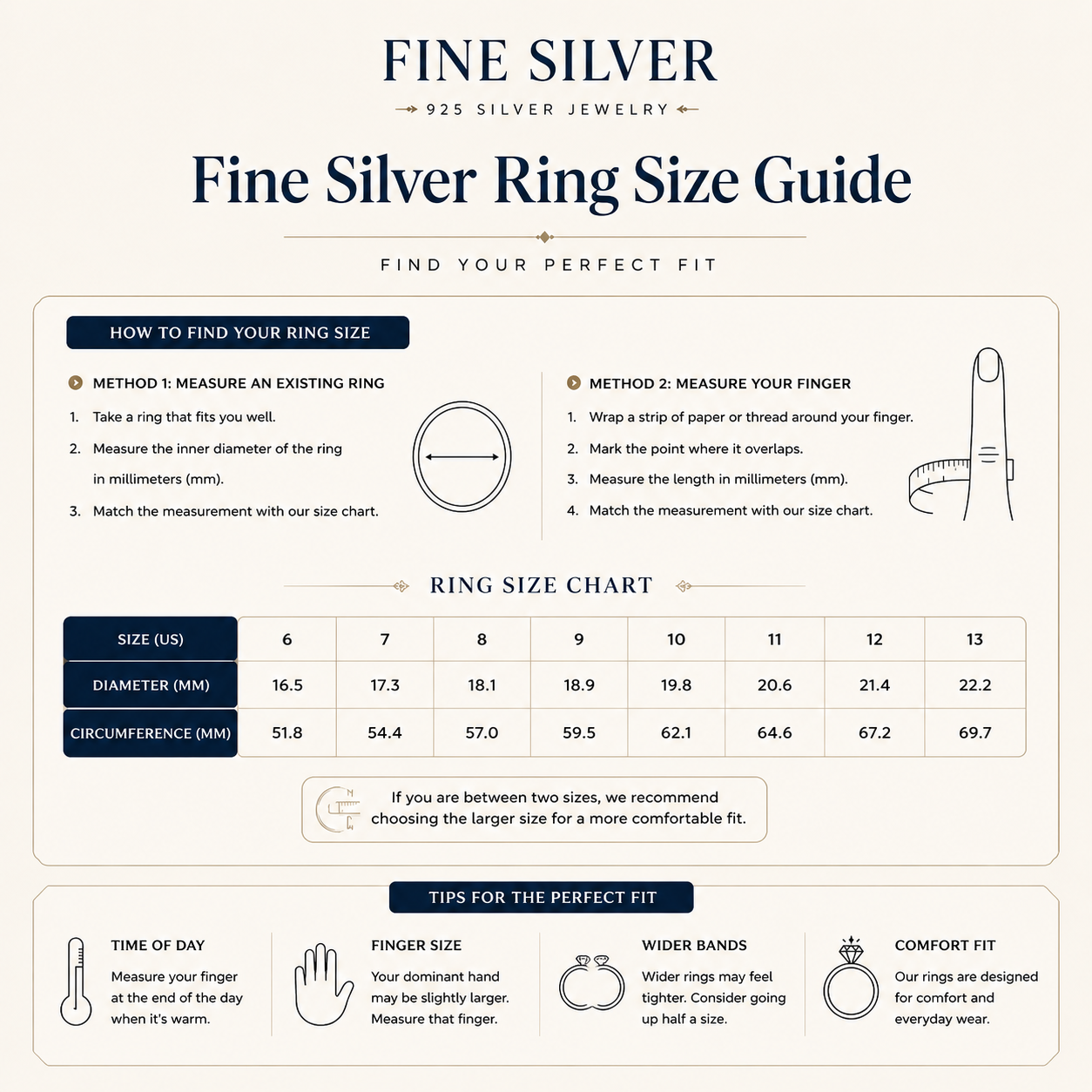 Fine Silver ring size guide with measurement methods and chart
