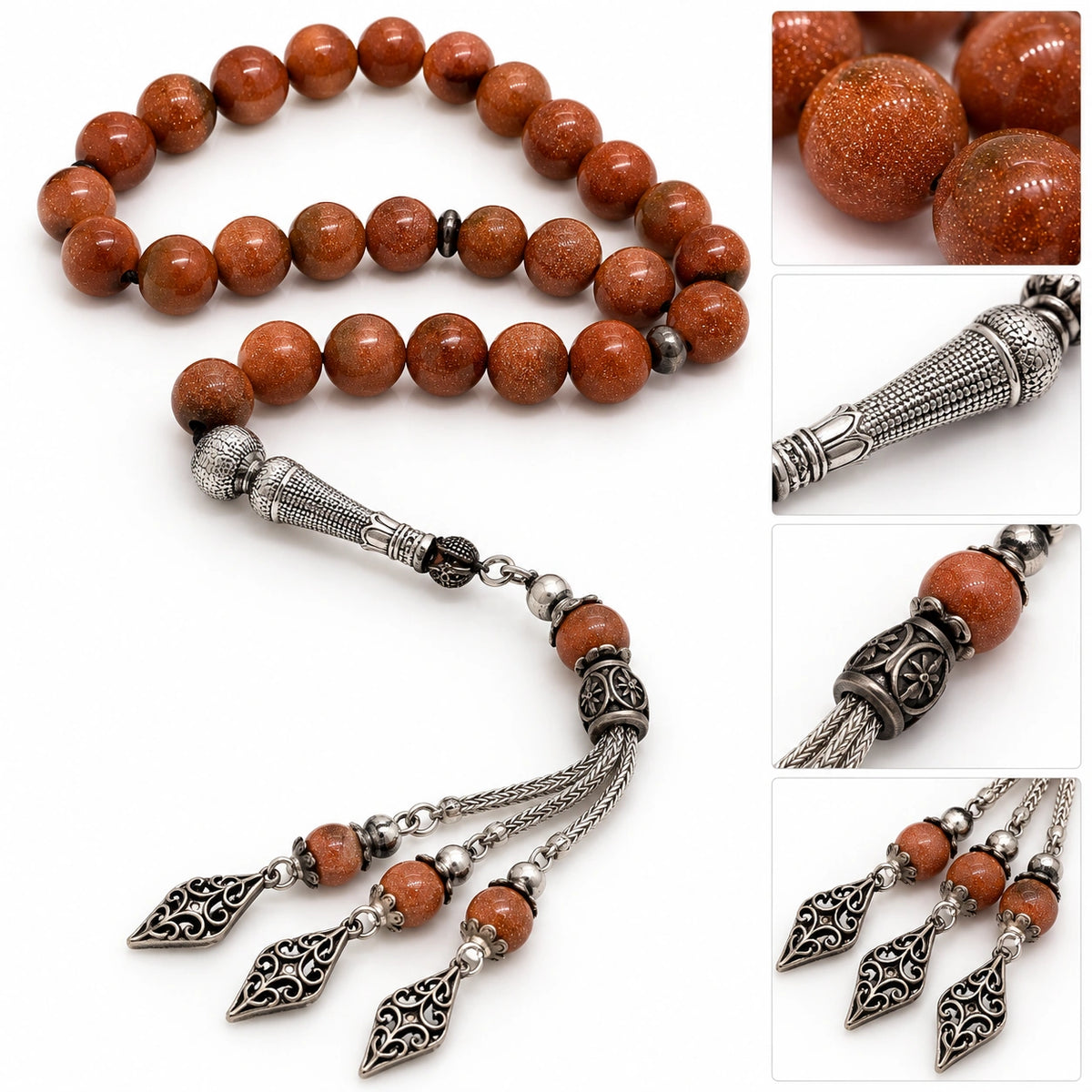 Goldstone tasbih detail collage showing sparkling copper-brown beads, textured imame and openwork tassel ornaments.