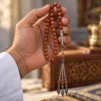 Hand holding a copper-brown Goldstone tasbih with silver-tone detailing and a three-chain decorative tassel.