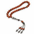 Copper-brown Goldstone tasbih with 33 beads and an ornate silver-tone three-chain tassel on a white background.