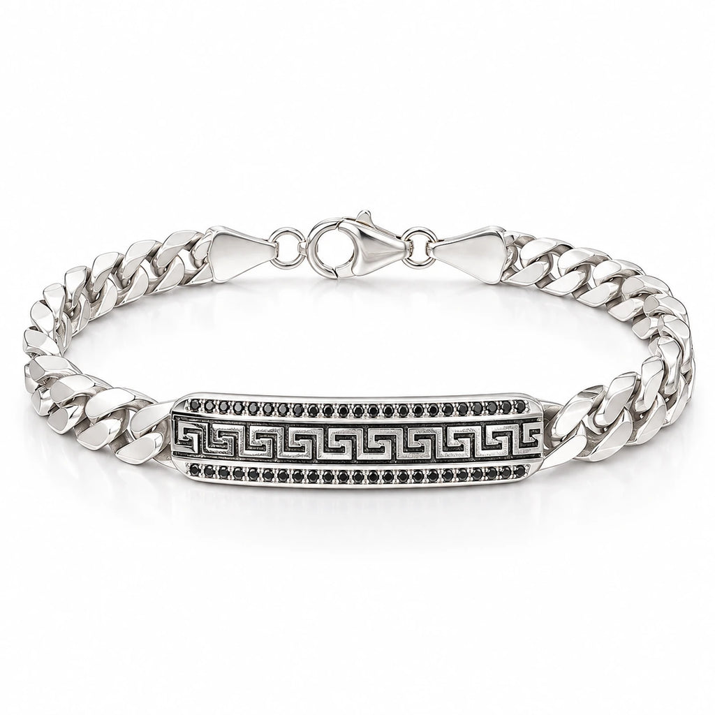 Men's 925 Italian sterling silver Greek key ID bar Cuban curb chain bracelet on white background, black cubic zirconia stones, Fine Silver KSA