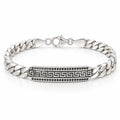 Men's 925 Italian sterling silver Greek key ID bar Cuban curb chain bracelet on white background, black cubic zirconia stones, Fine Silver KSA