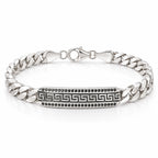 Men's 925 Italian sterling silver Greek key ID bar Cuban curb chain bracelet on white background, black cubic zirconia stones, Fine Silver KSA