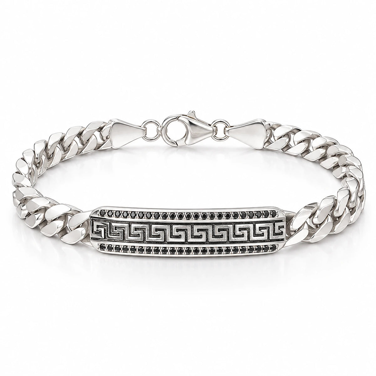 Men's 925 Italian sterling silver Greek key ID bar Cuban curb chain bracelet on white background, black cubic zirconia stones, Fine Silver KSA