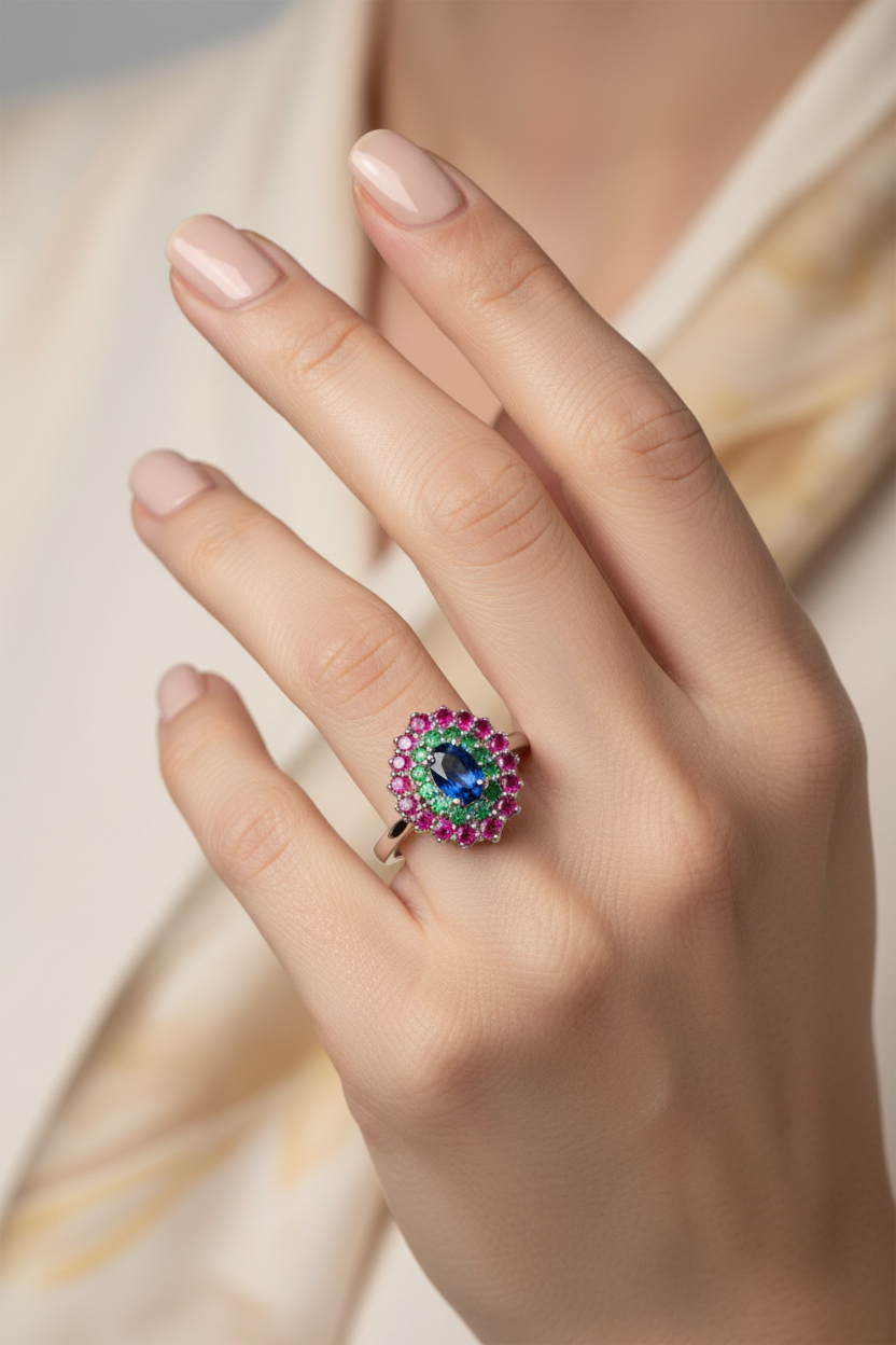 Hand wearing a ring with a colorful gemstone on a neutral background