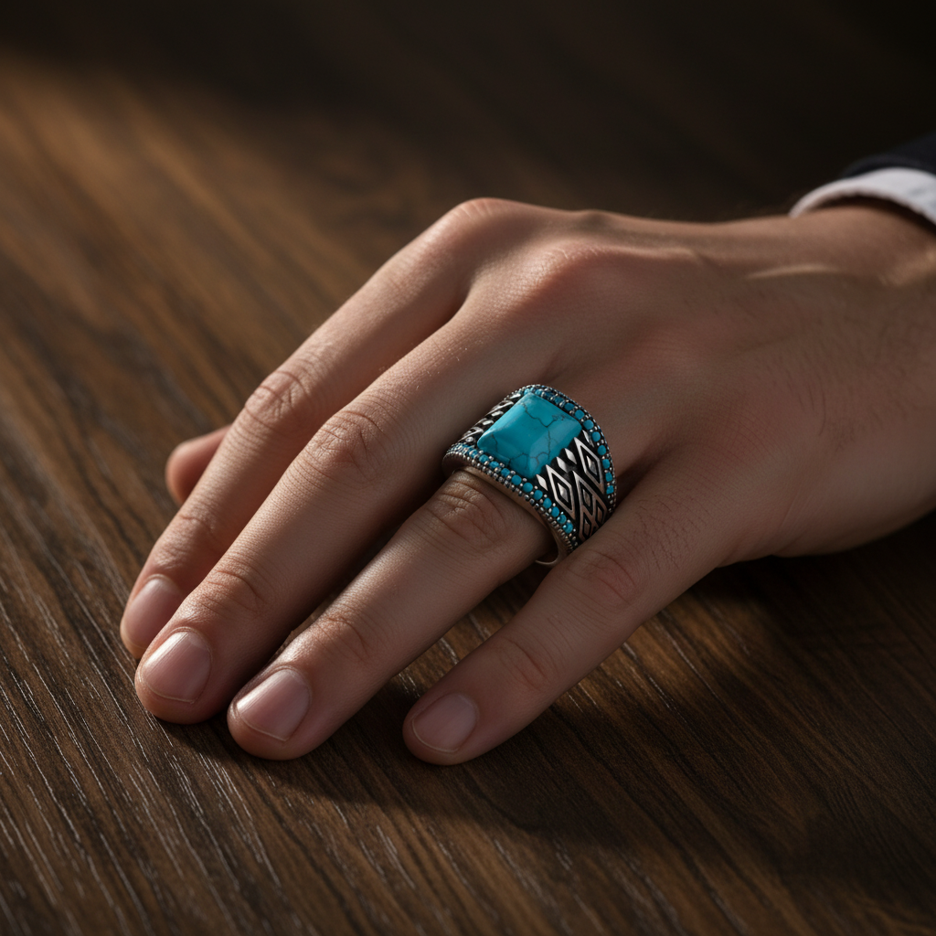 Hand wearing a turquoise ring on a wooden surface