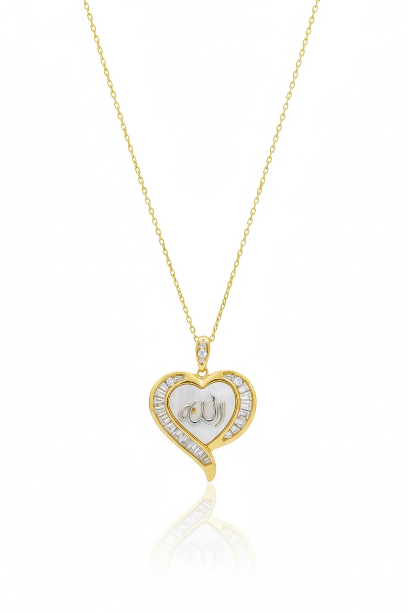 Elegant Heart Pendant with Allah Calligraphy & Mother-of-Pearl Inlay