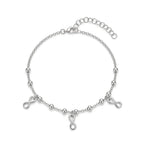 925 Italian sterling silver cable chain anklet with three dangling infinity charms and polished ball beads, Fine Silver